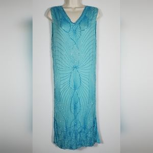 Star Group Turquoise Vintage Beaded Pure Silk Dress Size Medium